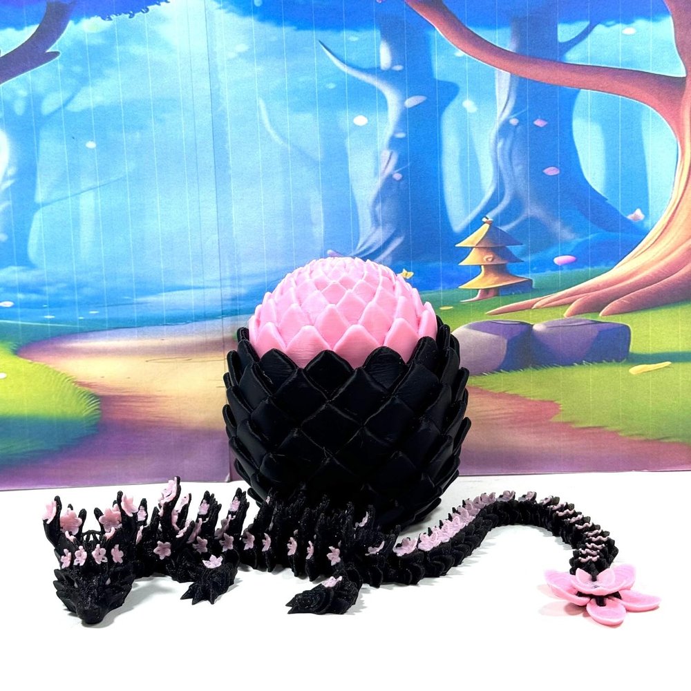 3D Printed Dragon with Dragon Egg, 12" Black and Red Cherry Blossom Dragon, Fidget Desk Toy, Flexible ADHD, Autism, Relief Anxiety D083-BPE