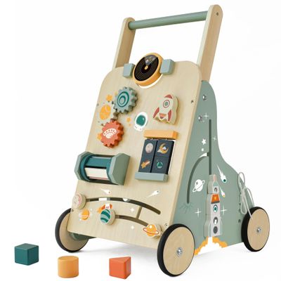 MILEFUN Adjustable Wooden Baby Walker Montessori Push Toy for 1 Year Old with Rocket-Themed Activity Center, Sit-to-Stand Walker Gift for Boys and Girls