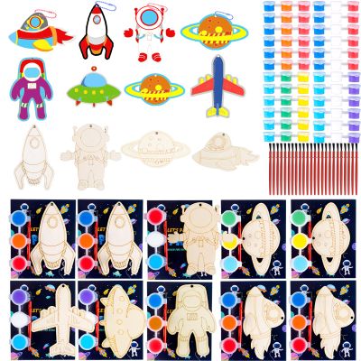 24 Pack Space Themed Party Favors - Kids Birthday Party Rerturn Gifts Treats Goodie Bag Fillers Easter Basket Stuffer Classroom Prizes Exchange Gifts, Wood DIY Keychain Painting Kits Arts Crafts Toys