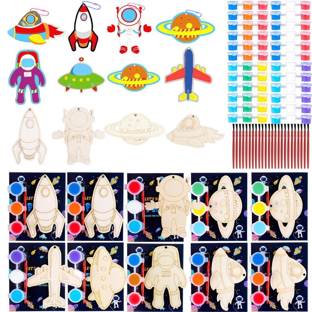 24 Pack Space Themed Party Favors - Kids Birthday Party Rerturn Gifts Treats Goodie Bag Fillers Easter Basket Stuffer Classroom Prizes Exchange Gifts, Wood DIY Keychain Painting Kits Arts Crafts Toys