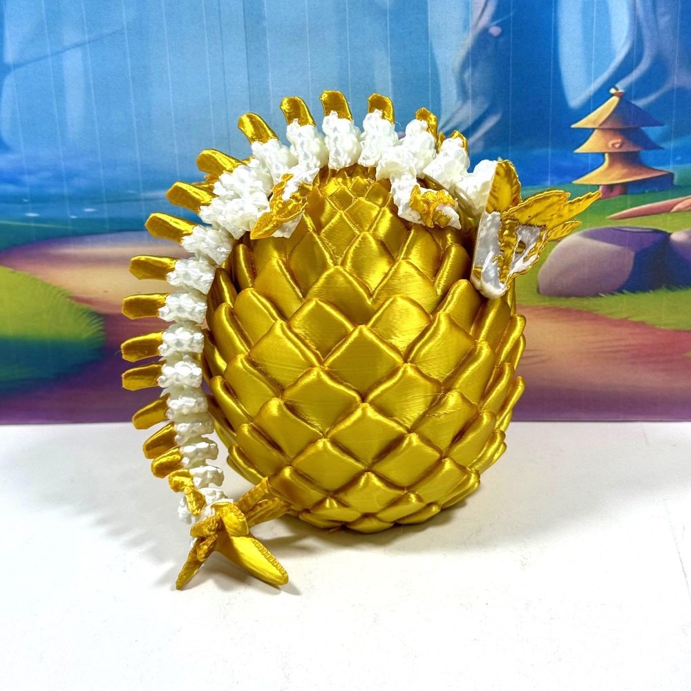 3D Printed Dragon, Gold Axolotl Dragon in Dragon Egg, 8.5" Adult Fidget ADHD Autism Toy, Home Office Decor Executive Desk Toy - D074-GE