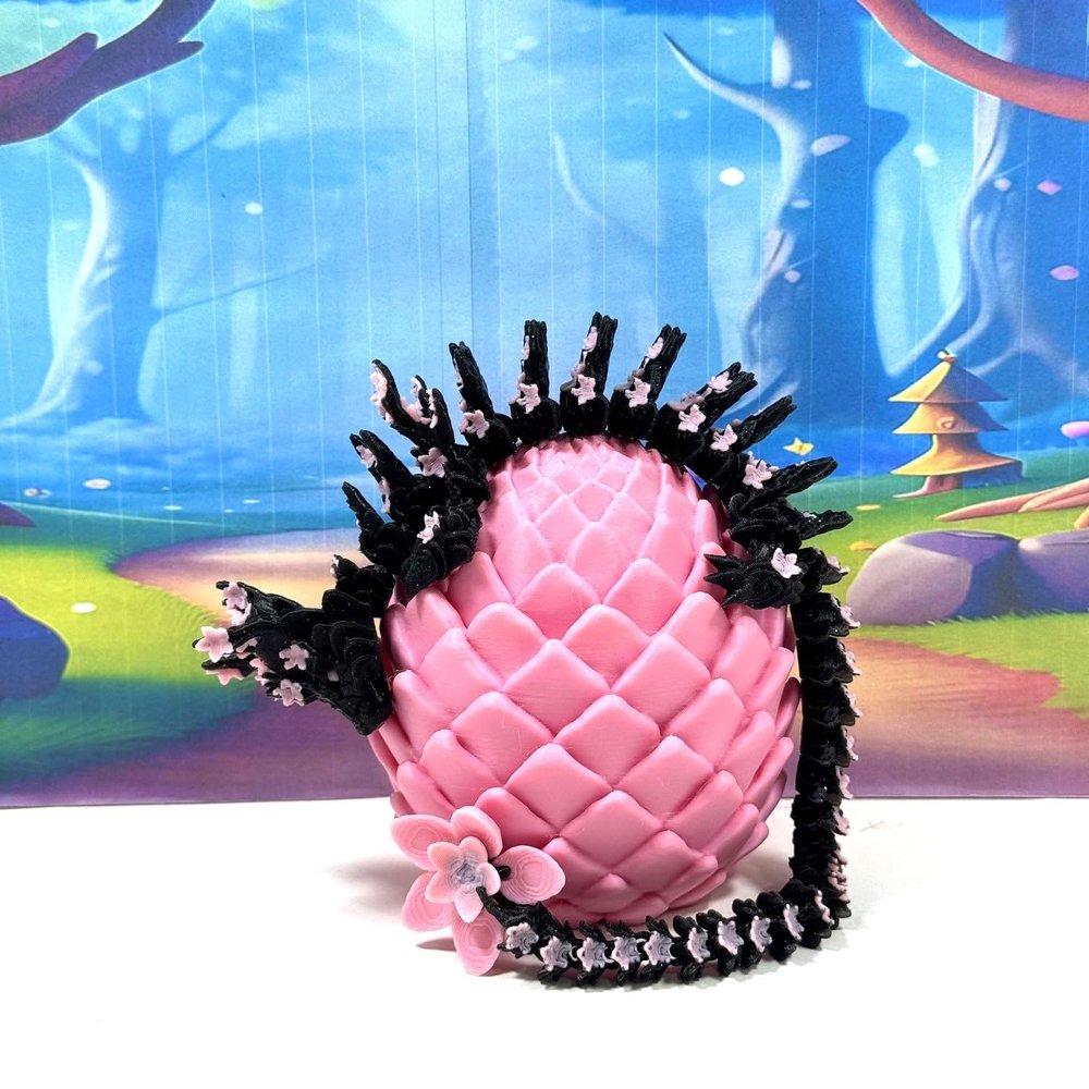 3D Printed Dragon, Black and Pink Cherry Blossom Dragon in Dragon Egg, 12" Articulated Adult Fidget ADHD Autism Toy, Home Office Decor Executive Desk Toy - D083-PE