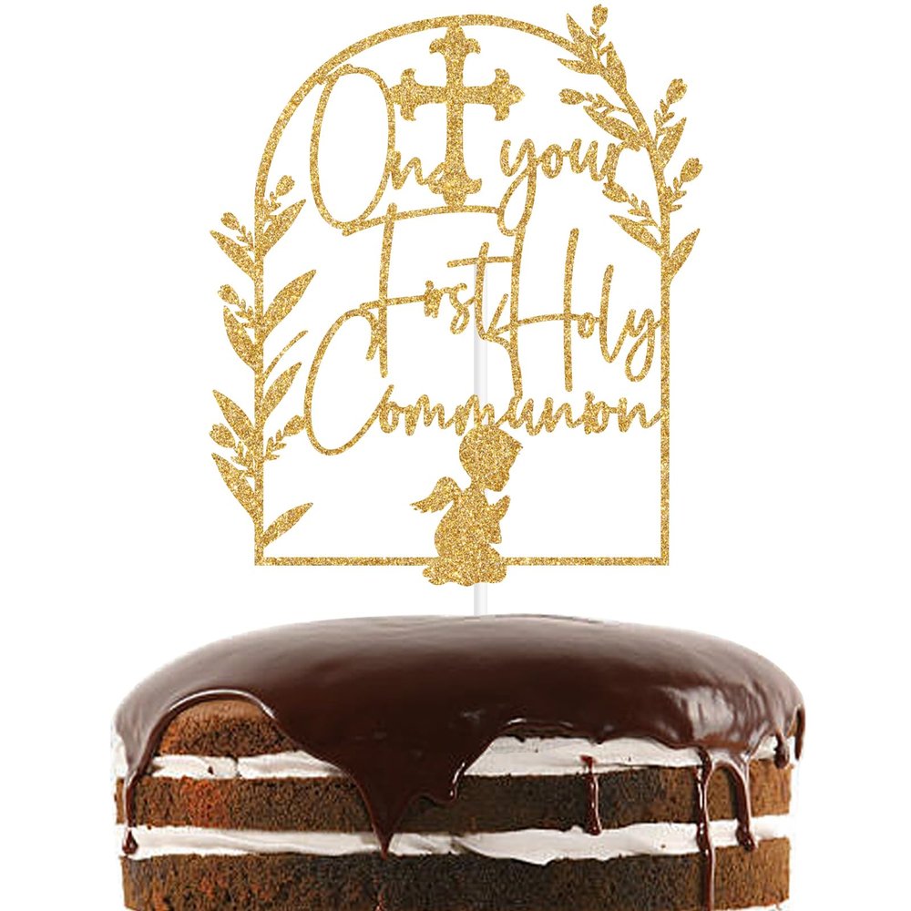 Gold Glitter On Your First Holy Communion Cake Topper, On Your Confirmation/Blessing Confirmation, Baptism Baby Shower Party Decorations Supplies