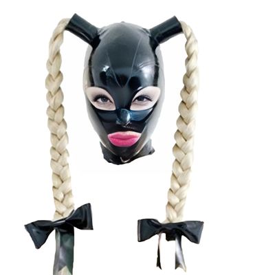 monbvxcerk atex Mask Rubber Hood with Double Blond Ponytail Wigs Beautiful Girl Headgear Club Cosplay (M)