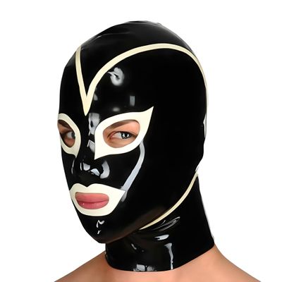 Black Latex Hood with White Brim Open Eyes and Mouth Unisex Rubber Mask Halloween (XXL)