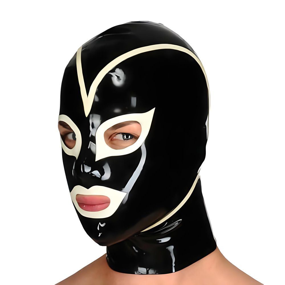 Black Latex Hood with White Brim Open Eyes and Mouth Unisex Rubber Mask Halloween (XXL)