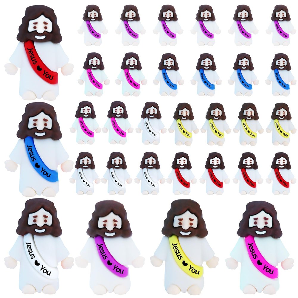 32 Pcs Little Jesus Figures Rubber Mini Jesus Figurines in Bulk Christian Doll Tiny Baby Jesus Loves You Figures for Hide and Seek Easter Egg Fillers Egg Hunt Religious Party Favors(6 Color* 32)
