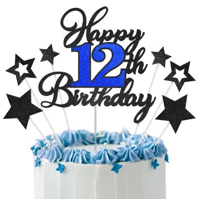 12th Birthday Cake Topper, Black Blue Happy 12th Birthday Cake Toppers for Boy Girl, 12 Years Old Birthday Party Supplies, Glitter Cake Decor, 12th Birthday Cake Decorations
