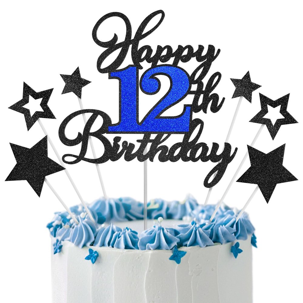 12th Birthday Cake Topper, Black Blue Happy 12th Birthday Cake Toppers for Boy Girl, 12 Years Old Birthday Party Supplies, Glitter Cake Decor, 12th Birthday Cake Decorations
