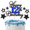 12th Birthday Cake Topper, Black Blue Happy 12th Birthday Cake Toppers for Boy Girl, 12 Years Old Birthday Party Supplies, Glitter Cake Decor, 12th Birthday Cake Decorations view 1
