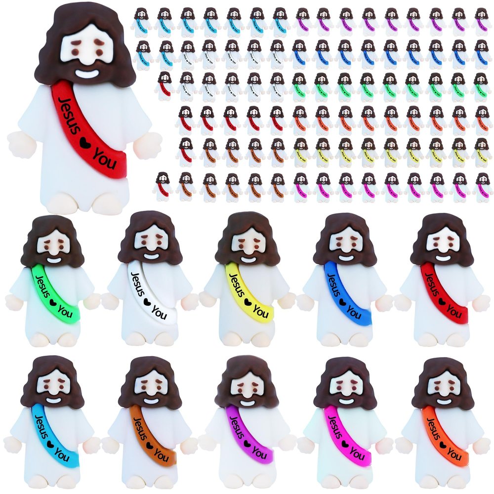 100 Pcs Little Jesus Figures Rubber Mini Jesus Figurines in Bulk Christian Tiny Baby Jesus Loves You Figures for Hide and Seek Easter Egg Fillers Egg Hunt Religious Party Favors(10 Color *100)