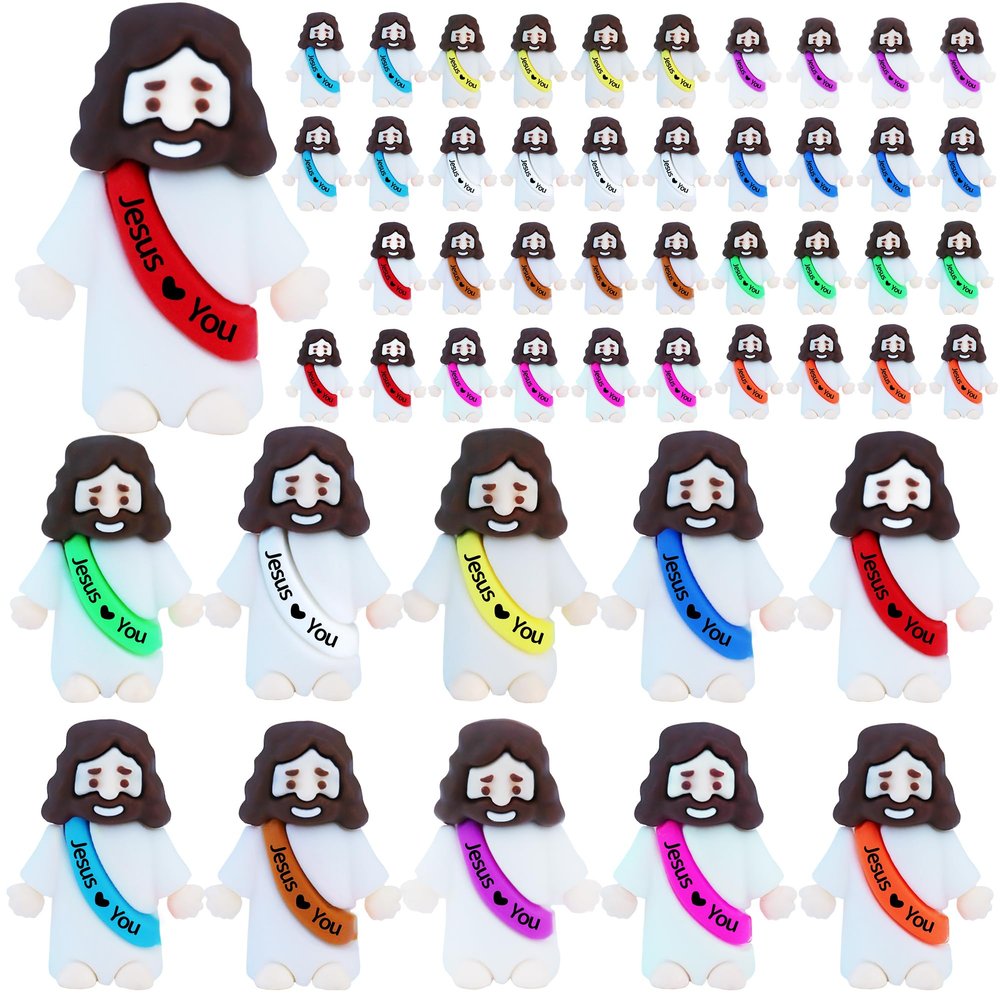 50 Pcs Little Jesus Figures Rubber Mini Jesus Figurines in Bulk Christian Doll Tiny Baby Jesus Loves You Figures for Hide and Seek Easter Egg Fillers Egg Hunt Religious Party Favors (Mix Color 10)