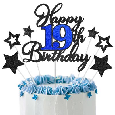 19th Birthday Cake Topper, Black Blue Happy 19th Birthday Cake Toppers for Boy Girl, 19 Years Old Birthday Party Supplies, Glitter Cake Decor, 19th Birthday Cake Decorations