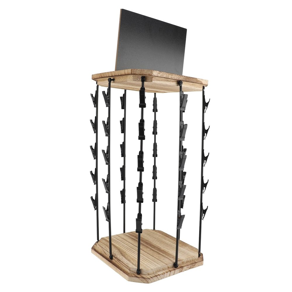 5-Tier 40-Clip 360 Rotating Chip Rack Stand with Wooden Base, Metal Organizer for Desk, Countertop, Office, Party