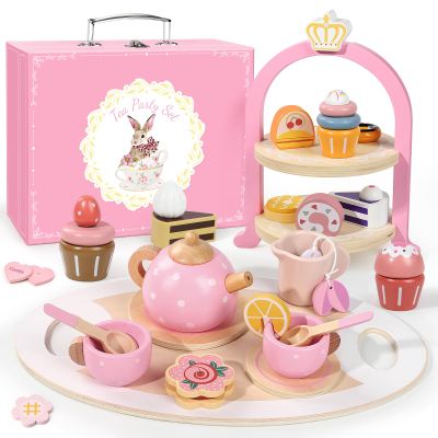 Wooden Tea Party Set for Little Girls, Toddler Girl Gifts Princess Tea Time Toys, Wooden Tea Set Food Dessert, Kids Kitchen Pretend Play, Birthday Valentines Day Gifts for Girls Age 2-5 Years Old