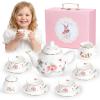 Porcelain Tea Set for Girls, Tea Party Set for Little Girls, Kids Tea Set Kitchen Pretend Play, Princess Tea Time Playset with Ceramic Teapot Cups Carry Case, Toddler Girl Toys Birthday Gifts Age 3+ view 1