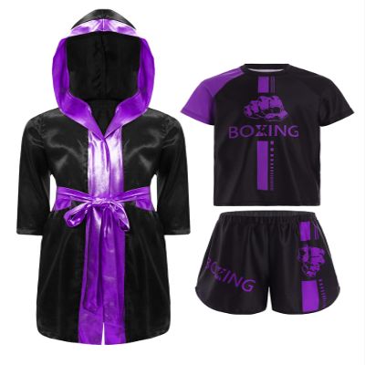 FEESHOW Kids Boys Boxing Costume 3Pcs Boxing Uniform Set Satin Boxing Robes Cloak with Shirts and Shorts Purple 16 Years