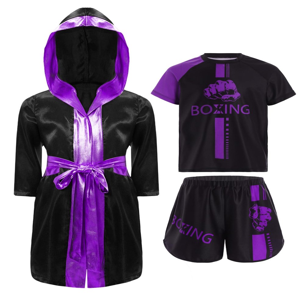 FEESHOW Kids Boys Boxing Costume 3Pcs Boxing Uniform Set Satin Boxing Robes Cloak with Shirts and Shorts Purple 16 Years