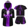 FEESHOW Kids Boys Boxing Costume 3Pcs Boxing Uniform Set Satin Boxing Robes Cloak with Shirts and Shorts Purple 16 Years view 1