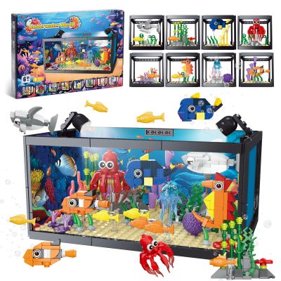8 in 1 Fish Tank Building Sets, Marine Aquarium Building Toy with LED Light Animal Miniature Landscape Including Octopus Crab, Christmas Birthday Gifts for Adults Boys Girls Kids Ages 6 8 10 12+