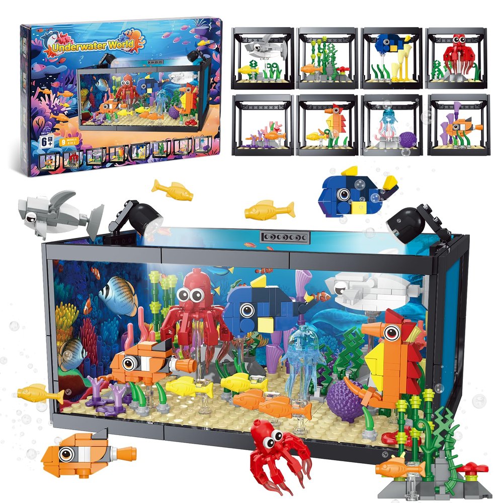 8 in 1 Fish Tank Building Sets, Marine Aquarium Building Toy with LED Light Animal Miniature Landscape Including Octopus Crab, Christmas Birthday Gifts for Adults Boys Girls Kids Ages 6 8 10 12+