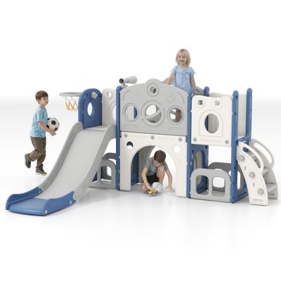 8 in 1 Indoor Slide for Toddler 1-3 Age - Freestanding Baby Slide, Outdoor Playground Kids Slider, Toddler Playset with Climber Slider, Basketball Hoop, Telescope, Storage Area and Tunnel, White&Blue