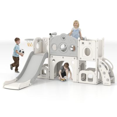 8 in 1 Indoor Slide for Toddler 1-3 Age - Freestanding Baby Slide, Outdoor Playground Kids Slider, Toddler Playset with Climber Slider, Basketball Hoop, Telescope, Storage Area and Tunnel, White&Grey