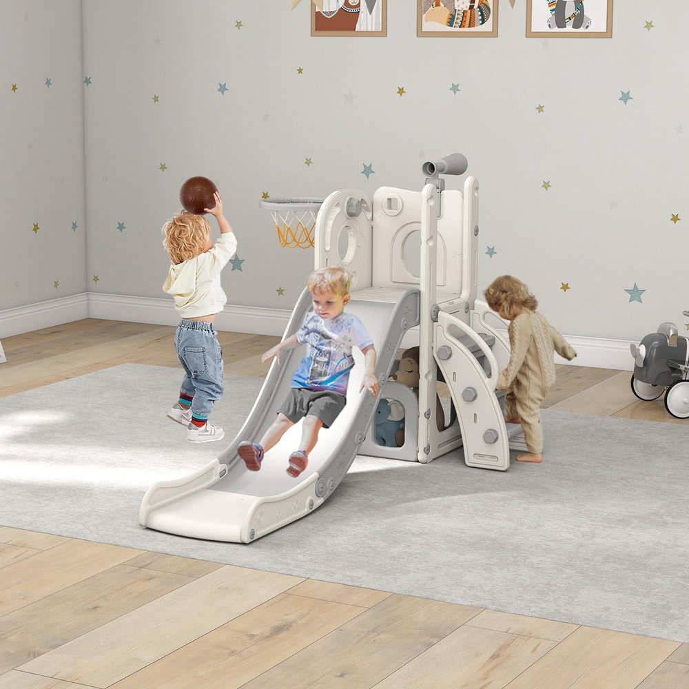 6 in 1 Indoor Slide for Toddler 1-3 Age - Freestanding Baby Slide, Outdoor Playground Kids Slider, Toddler Playset with Climber Slider, Basketball Hoop, Telescope, Storage Area and Hiding, White&Grey