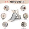 6 in 1 Indoor Slide for Toddler 1-3 Age - Freestanding Baby Slide, Outdoor Playground Kids Slider, Toddler Playset with Climber Slider, Basketball Hoop, Telescope, Storage Area and Hiding, White&Grey view 3