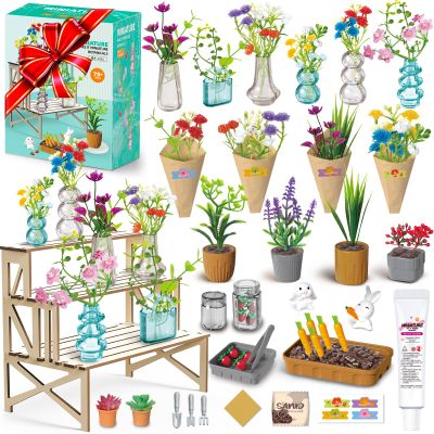 70 PCS Make It Miniature Brands Nature Garden Plants Set, Mini Botanical Collectibles, Tiny Paper Flower Bouquet DIY Craft Kit, with Wood Display Stand, Miniature Toy Gift for Kids and Adults