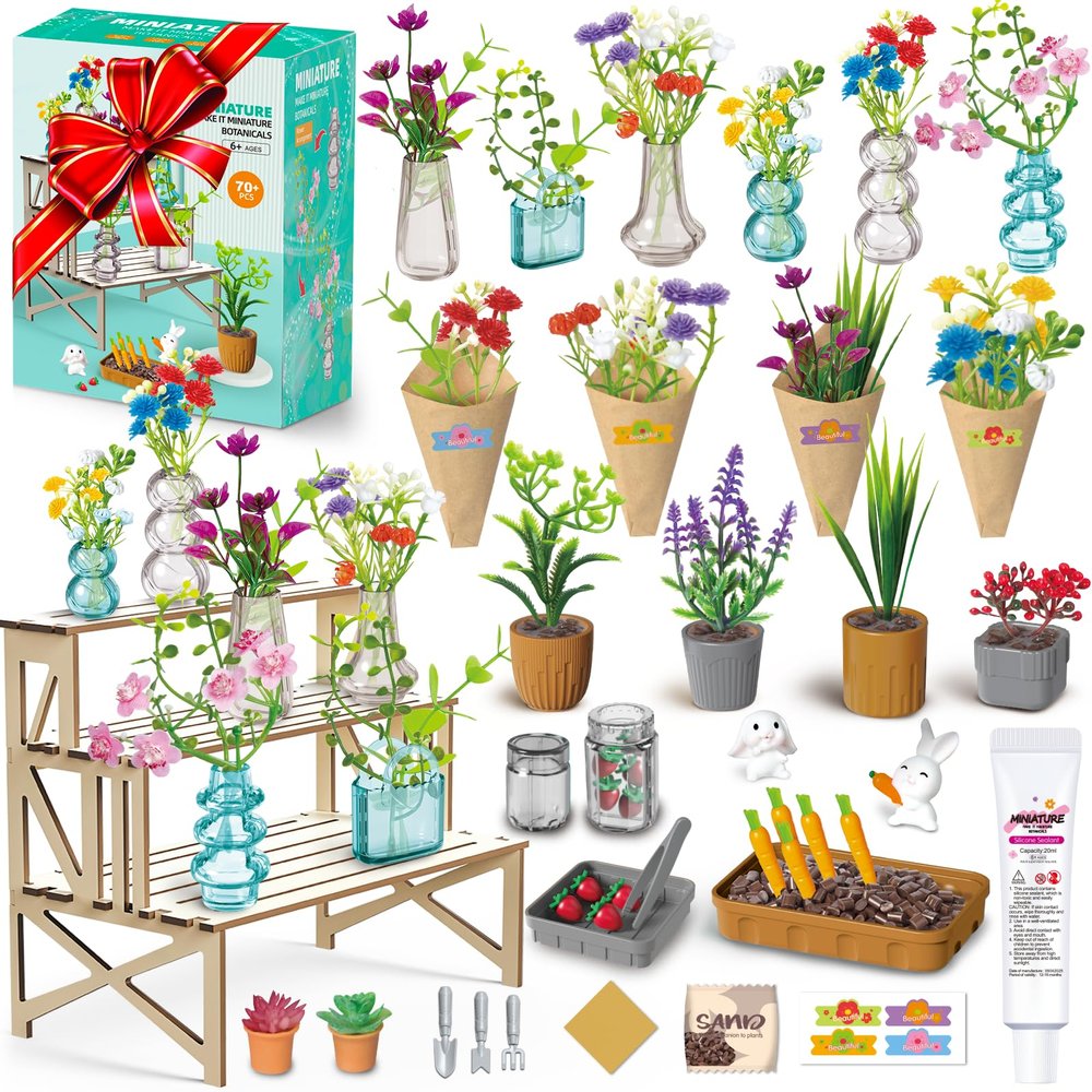 70 PCS Make It Miniature Brands Nature Garden Plants Set, Mini Botanical Collectibles, Tiny Paper Flower Bouquet DIY Craft Kit, with Wood Display Stand, Miniature Toy Gift for Kids and Adults