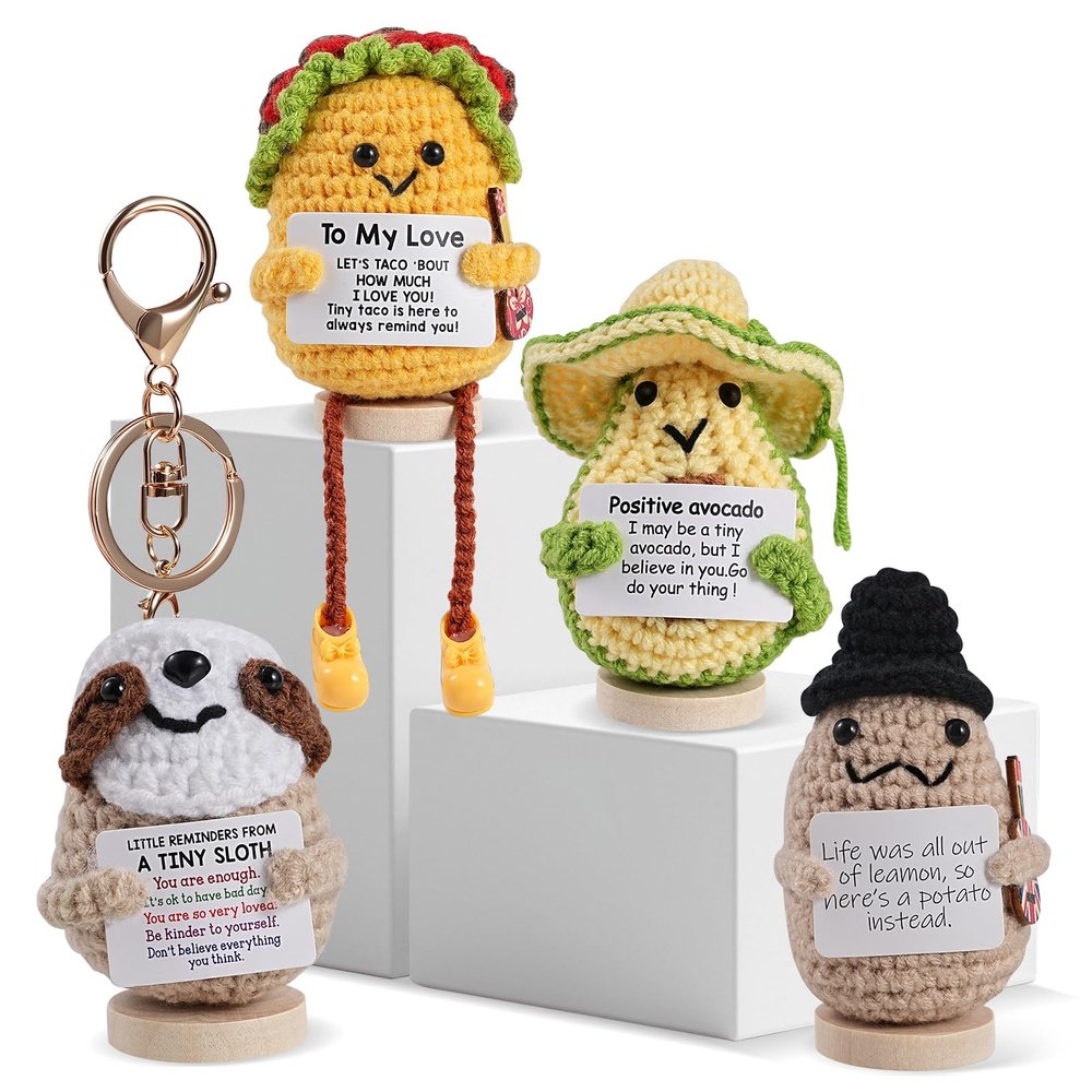 Alavvii 4pcs Emotional Support Valentines Day Gift for Women Men,Positive Crochet Animals Taco Birthday Gift for Wife Husband,Positive Potato Gift for Mom Dad Sister Friend Coworkers, Desk Dcor