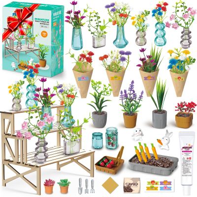 70 PCS Make It Miniature Brands Nature Garden Plants Set, Mini Botanical Collectibles, Tiny Paper Flower Bouquet DIY Craft Kit, with Wood Display Stand, Miniature Toy Gift for Kids and Adults
