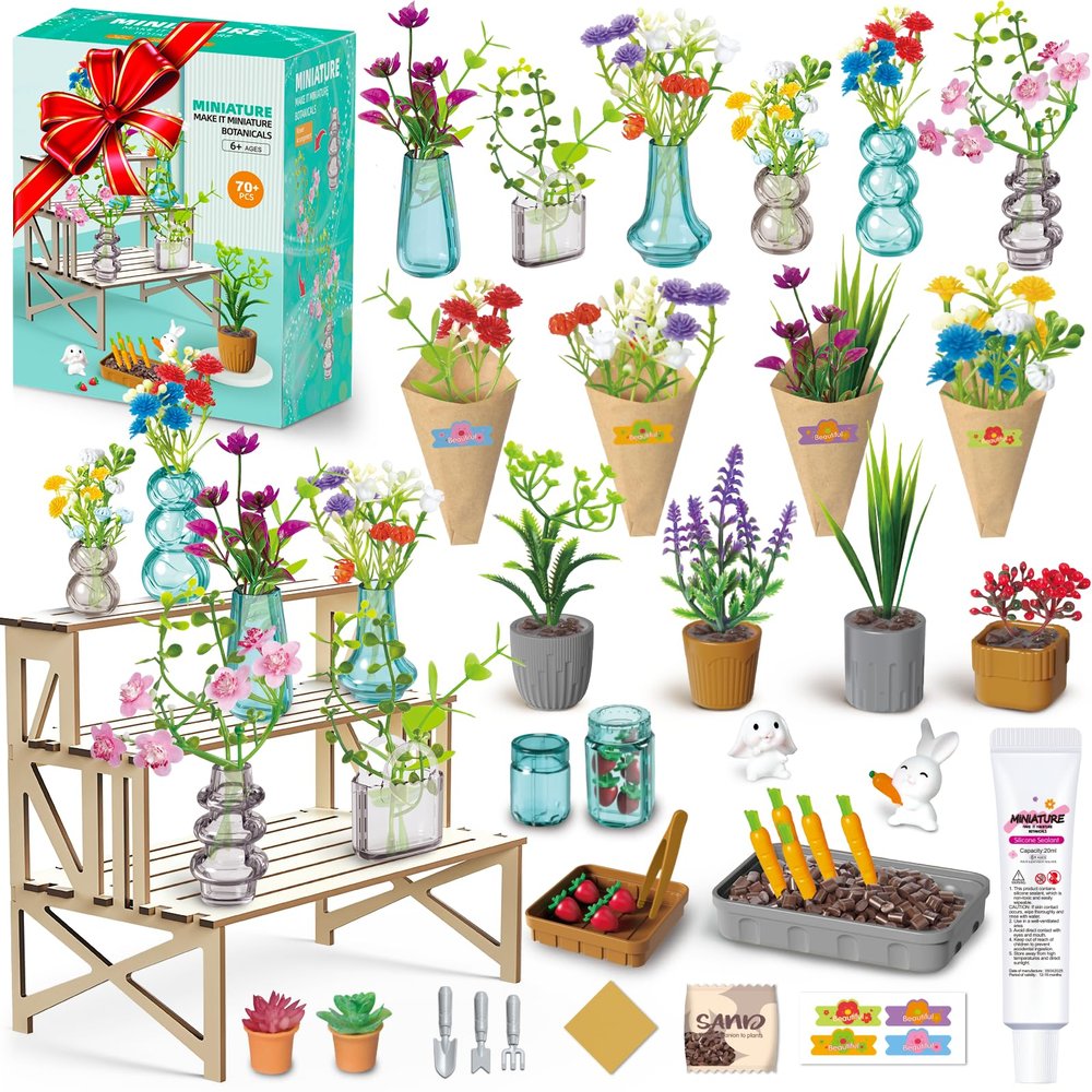 70 PCS Make It Miniature Brands Nature Garden Plants Set, Mini Botanical Collectibles, Tiny Paper Flower Bouquet DIY Craft Kit, with Wood Display Stand, Miniature Toy Gift for Kids and Adults