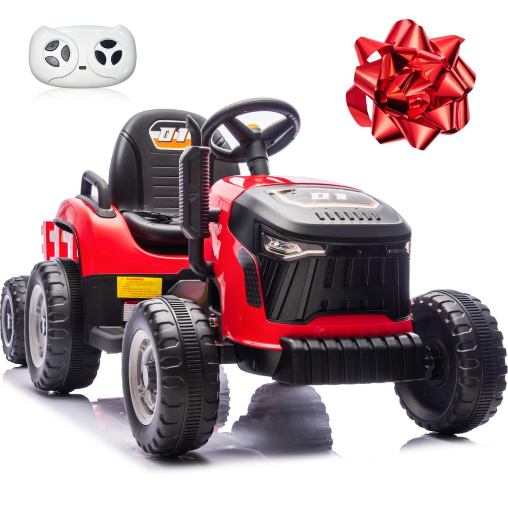 24V 7Ah Ride On Tractor w/Tiltable & Detachable Trailer, MOEYURO Kids Electric Vehicles Tractor w/400W Motors, Adjustable Seat, Remote Control, Bluetooth, Music, Power Tractor Wheels for Boys, Red