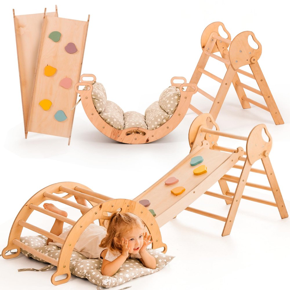 Goodevas 5-in-1 Toddler Climbing Toys Indoor Set - Pikler Triangle, Climbing Arch, Balance Cushion, Montessori Climbing Gym for Toddlers 1-3, Foldable Wooden Baby Activity Center, Jungle Gym for Kids