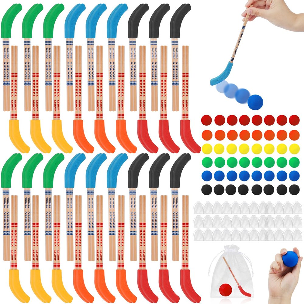 120 Pcs Hockey Party Favors Set, Multicolor Hockey Stick Pencils with Erasers, 36 Pencils 48 Foam Balls 36 Gift Bags for Hockey Theme Birthday Party, School Classroom Prizes, Goodie Bags Fillers