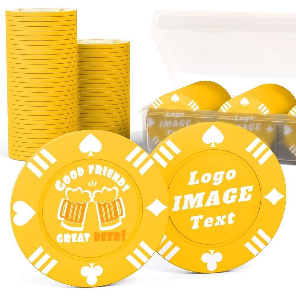 100 Custom Poker Chips, 37MM Custom Drink Tokens Personalized Logo, Image and Text, Double Side UV Full Color Printing Custom Drink Chips for Bar, Party, Business Cards, Company Logo and Promotions