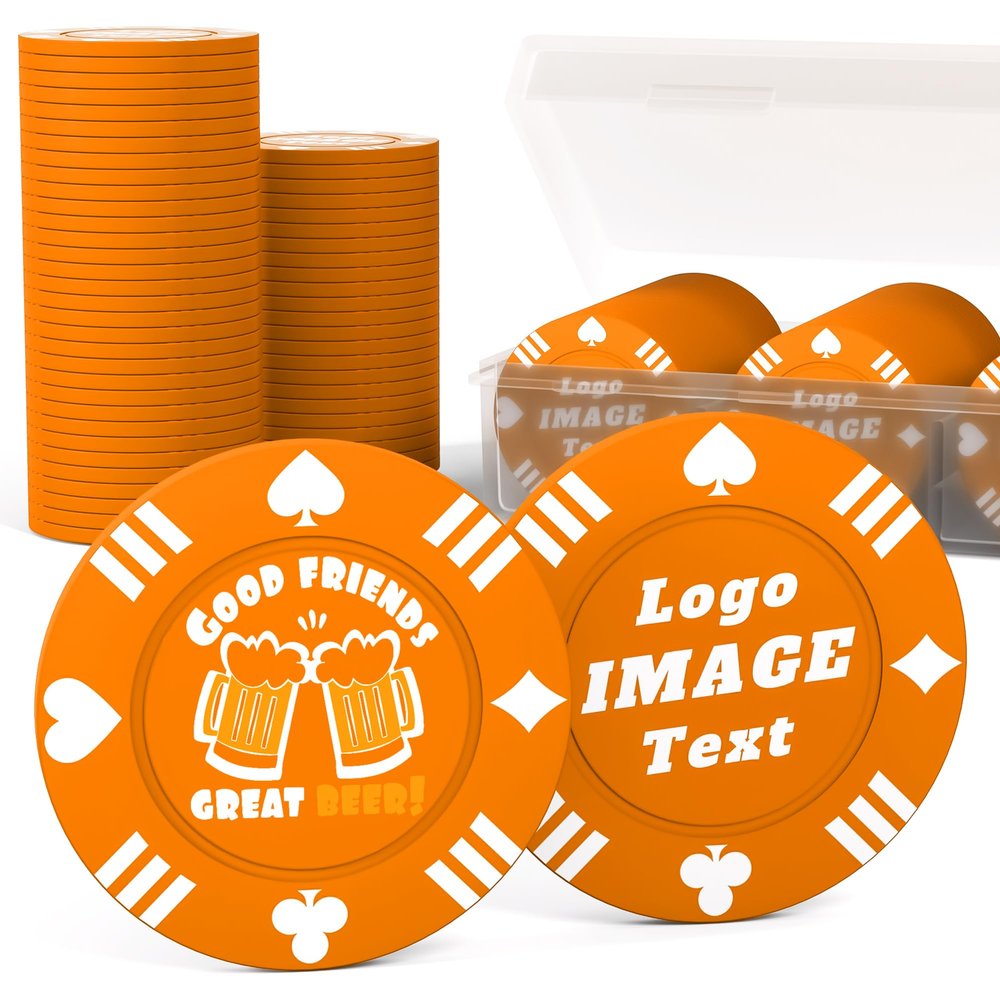 100 Custom Poker Chips, 37MM Custom Drink Tokens Personalized Logo, Image and Text, Double Side UV Full Color Printing Custom Drink Chips for Bar, Party, Business Cards, Company Logo and Promotions