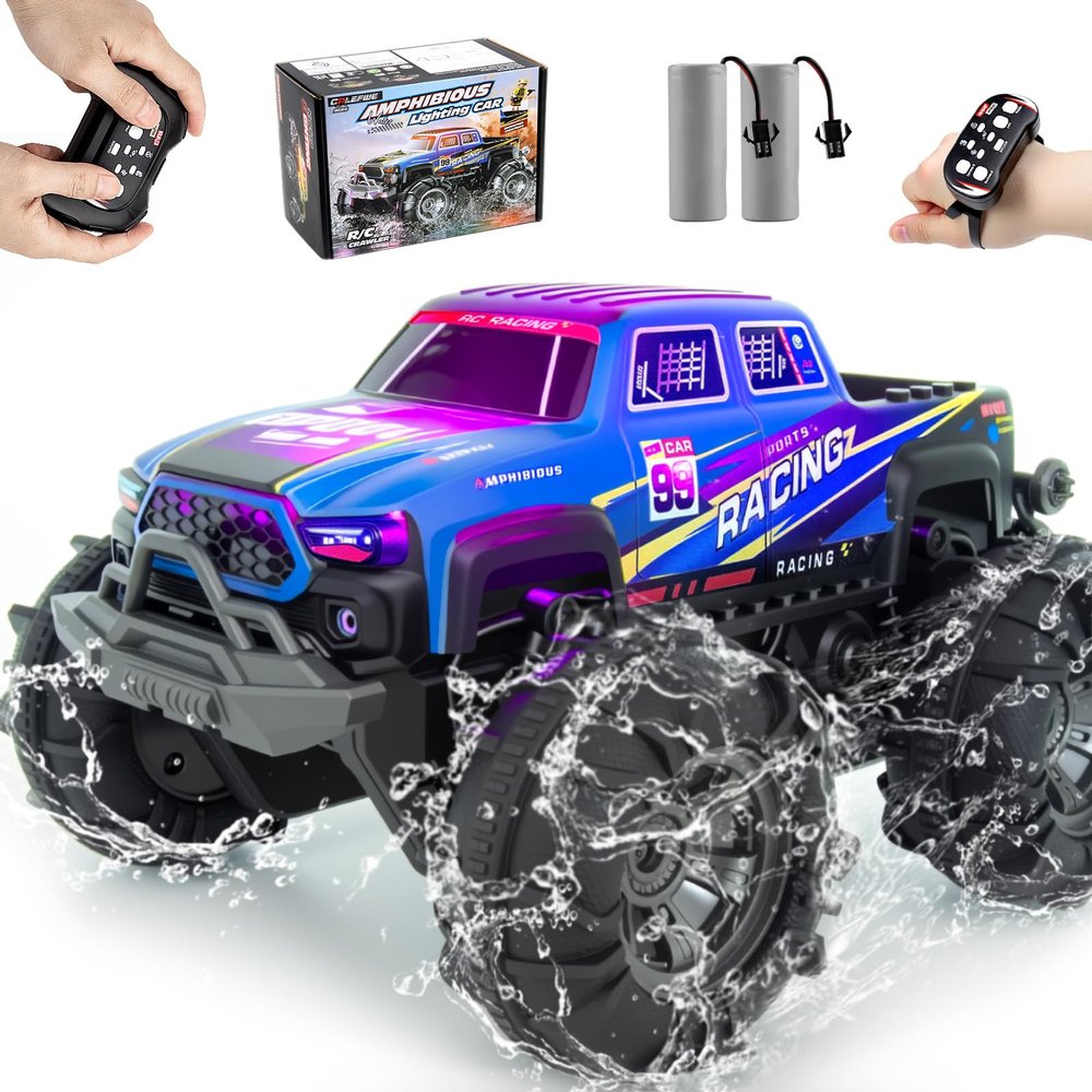 Calefwe Amphibious Remote Control Car, Monster Trucks for Boys Age 4-7, Monster Truck Toys W/Blocks & 360Spin, 4WD All-Terrain Off-Road RC Cars with 2 Batteries 100 min, 2.4Ghz Pool Toy Gift for Kids