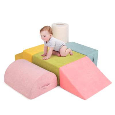 Costzon Toddler Climbing Toys Indoor, 6 Pieces Foam Climbing Blocks for Baby Inside with Skin-Friendly Chenille Fabric, 30D High-Density Foam & Carrying Handles, Soft Play Climbing for Toddlers (Pink)