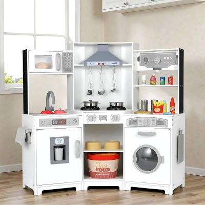 Arlopu Corner Kids Play Kitchen, Range Hood w/Light & Sound, Interactive Kitchenette, Wooden Pretend Playset Toy, w/Realistic Washer, Ice Maker, Stove, Cutting Board, Girls Ages 3+ (White)