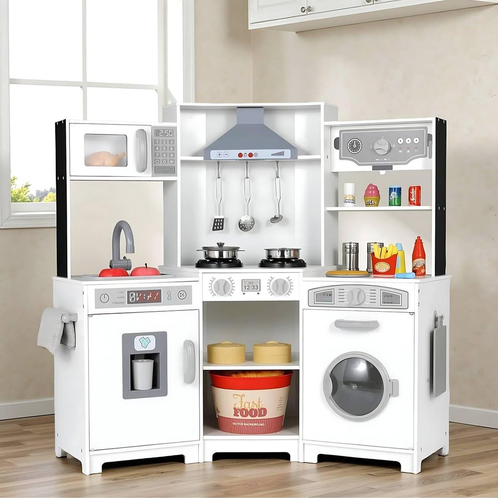 Arlopu Corner Kids Play Kitchen, Range Hood w/Light & Sound, Interactive Kitchenette, Wooden Pretend Playset Toy, w/Realistic Washer, Ice Maker, Stove, Cutting Board, Girls Ages 3+ (White)