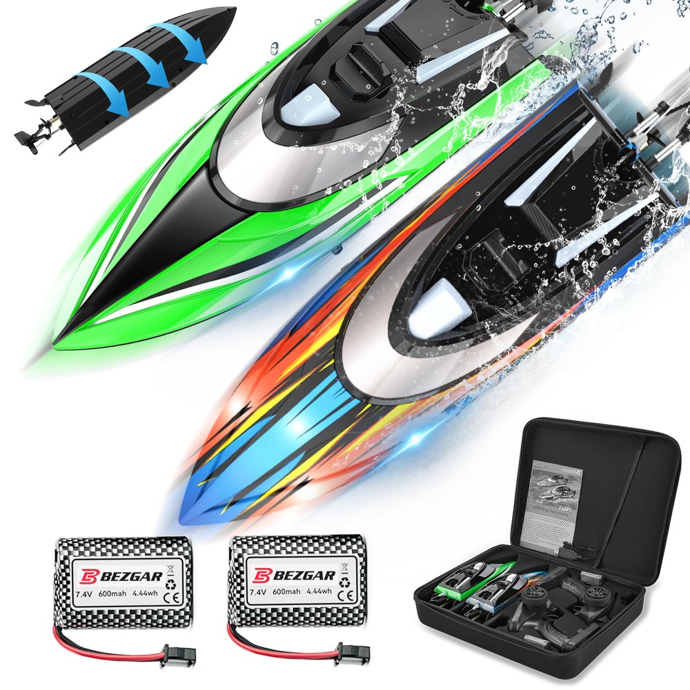 BEZGAR Remote Control Boat, 2 Pack12 inch RC Boat with Case Auto-Flip, 30 KPH Fast Speed, 8-Shaped Mode & LED Lights Waterproof Racing Boats for Pools, Lakes, Oceans (Adults & Teens)
