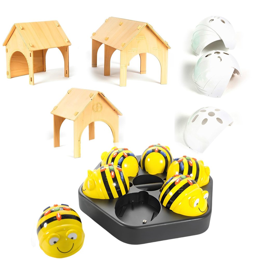 6 Bee-Bot Programming Robot with Docking Station, 1-Set Wooden Tunnels & Free 10pcs Clip on Shells White, STEM Educational Classroom Coding Teaching and Learning Materials