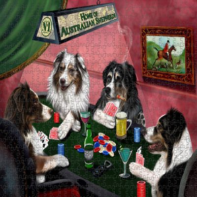 Home of Poker Playing Australian Shepherd Dogs Jigsaw Puzzle for Adults - Animal Printed Interlocking Puzzle Game Artwork - Gift for Dog Lover's - 300 Pcs 14"x20"
