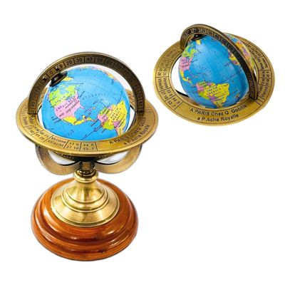 5.10" Nautical Brass Armillary Sphere World Globe with Aqua Blue Map, Brown Wooden Base  Elegant, Durable Decor for Home or Office