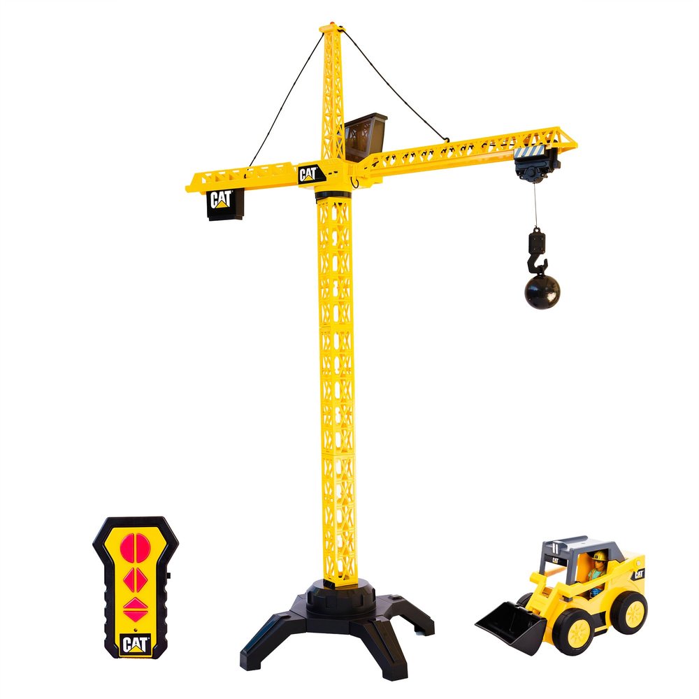 Cat Construction Workforce Jumbo Tower Crane Set, 50-Inch RC Crane Toy with 360-Degree Rotation, Hook and Wrecking Ball, Light, Skid Steer and 4" Figure, USB Rechargeable, Ages 5+