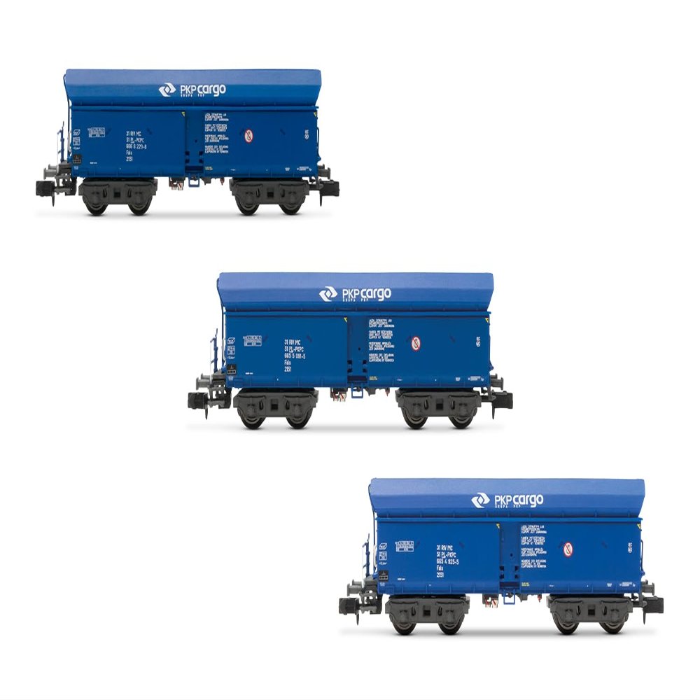 Arnold HN6565 Pkp Cargo, 3-Unit Falls Self-Discharge Wagons, Blue Painting, Epvi Freight Wagons