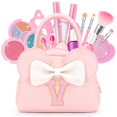 Kids Real Makeup Kit for Girls - 18Pcs Non-Toxic Washable Make Up Toys with Initial Toddler Purse - Personalized Birthday Gifts for Age 3 4 5 6 7 8 9 10 Years Old Girls Vanity Set - V